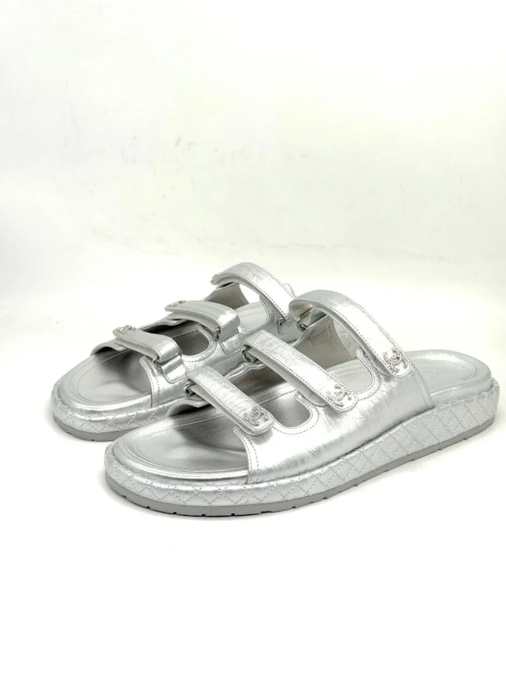 CHANEL 25C Laminated Leather Crystal CC Platform Flat Mules Slide Dad Sandals